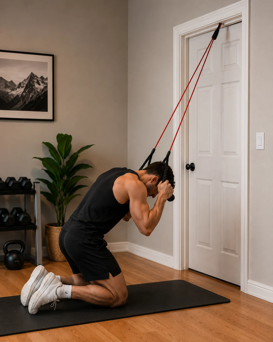 Cable crunches at home using a resistance band anchored overhead at a door frame