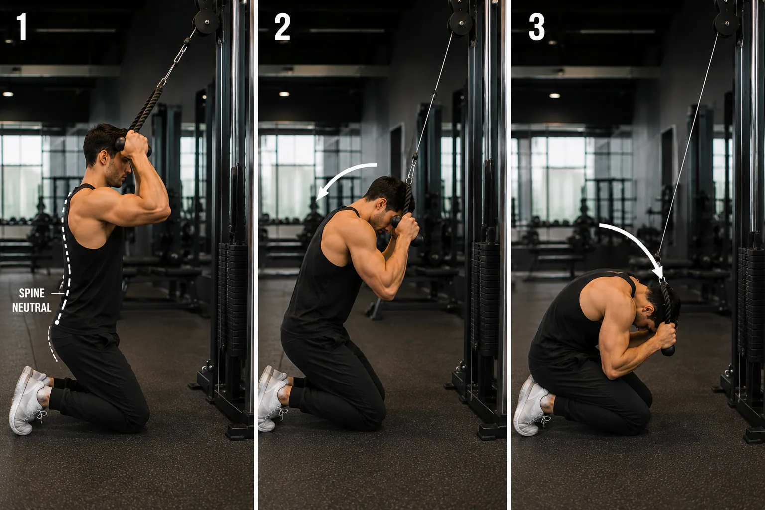 How to do cable crunches properly showing start, mid, and peak contraction positions