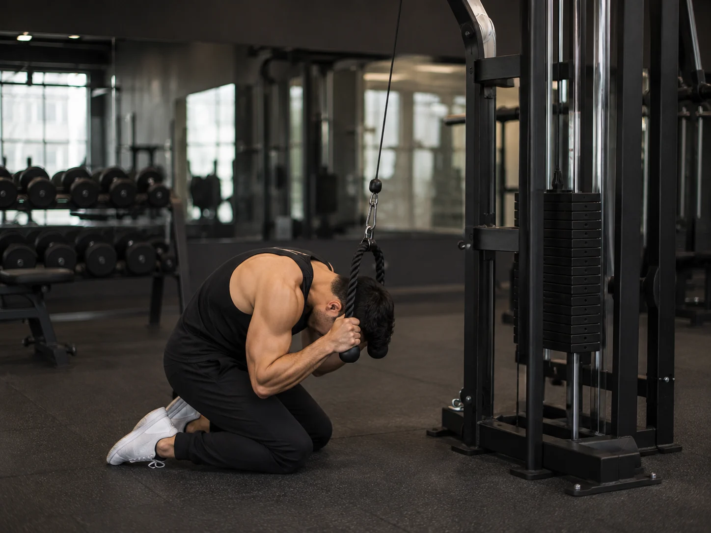 Kneeling cable crunch setup with rope at temples and high pulley