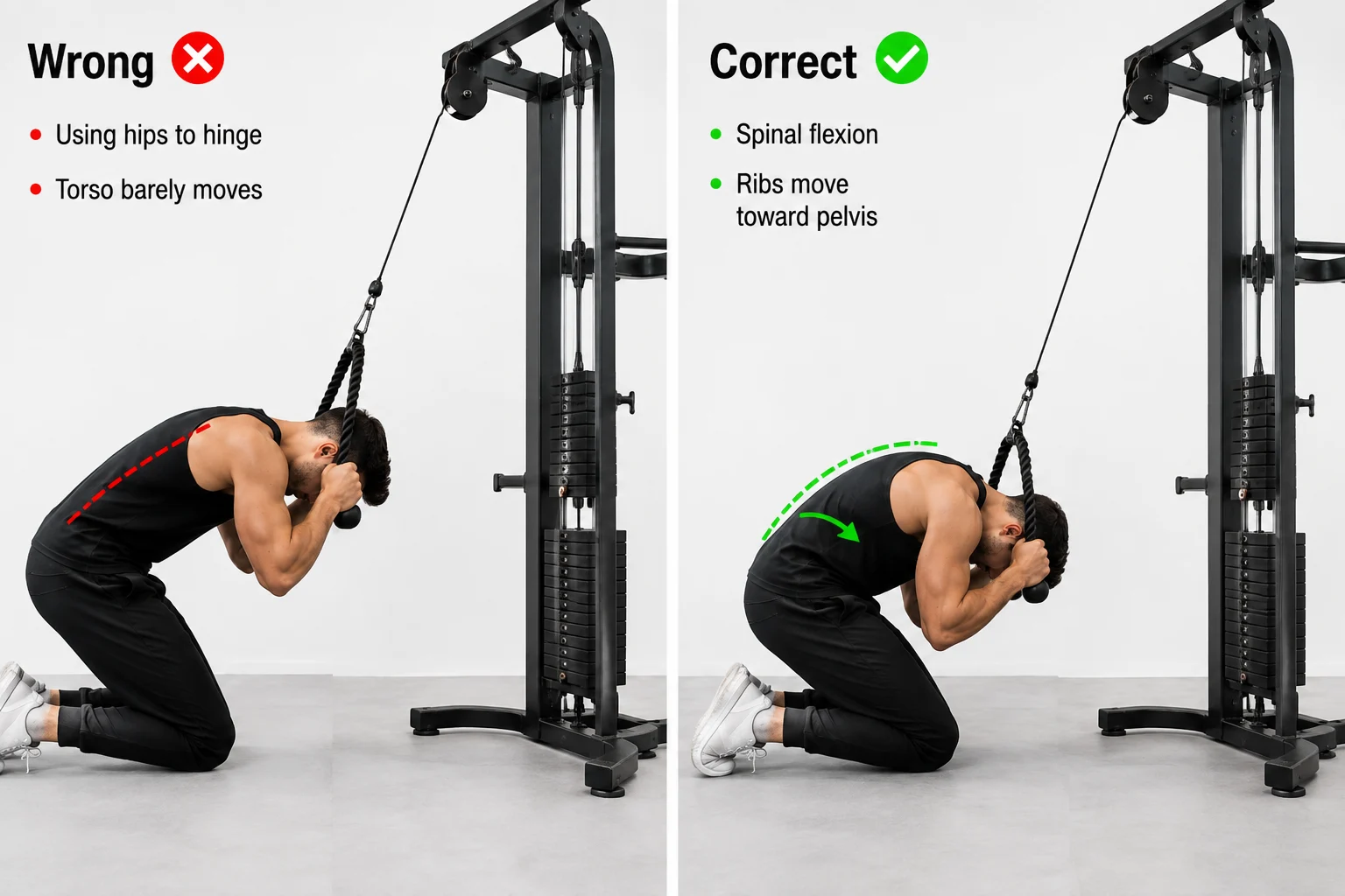 Cable crunches common mistakes versus correct spinal flexion form