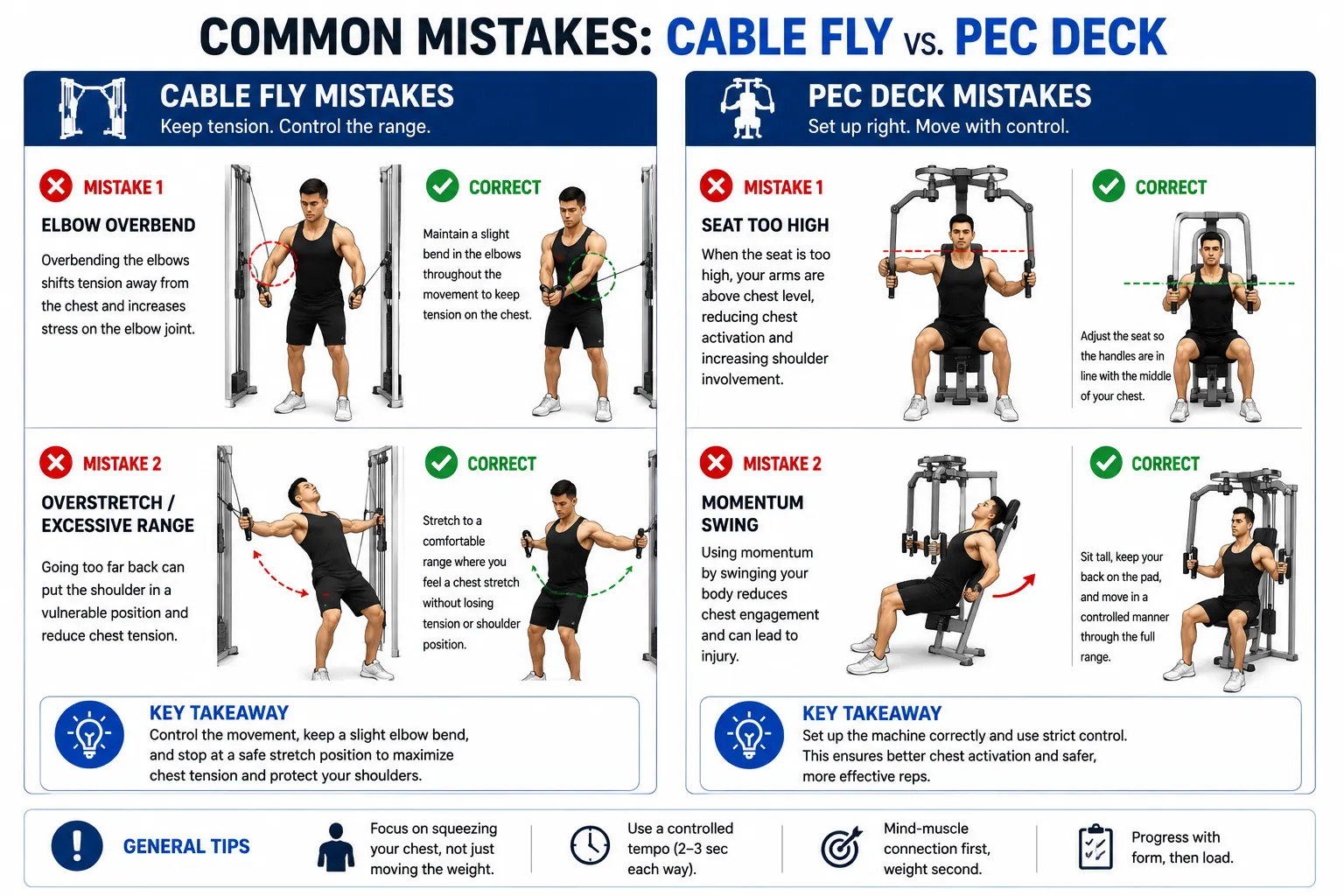 Common mistakes diagram showing cable fly elbow-bend error and pec deck seat-height error, each with a correct form comparison.