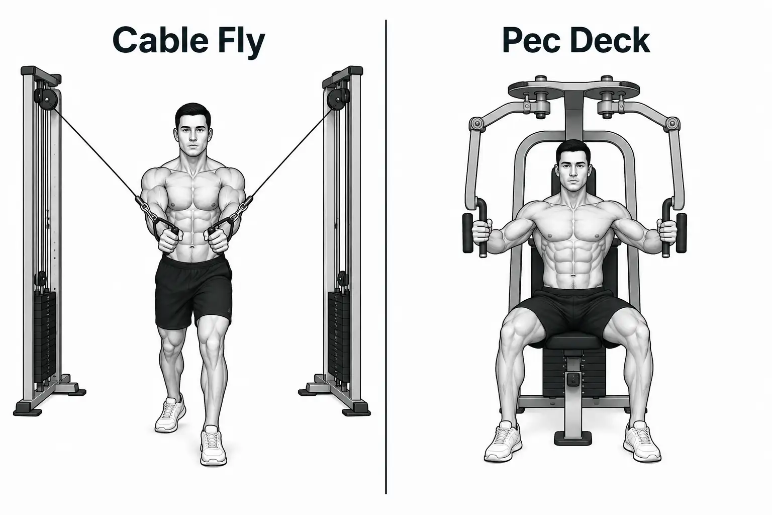 Side-by-side illustration of cable fly standing form vs pec deck seated form.