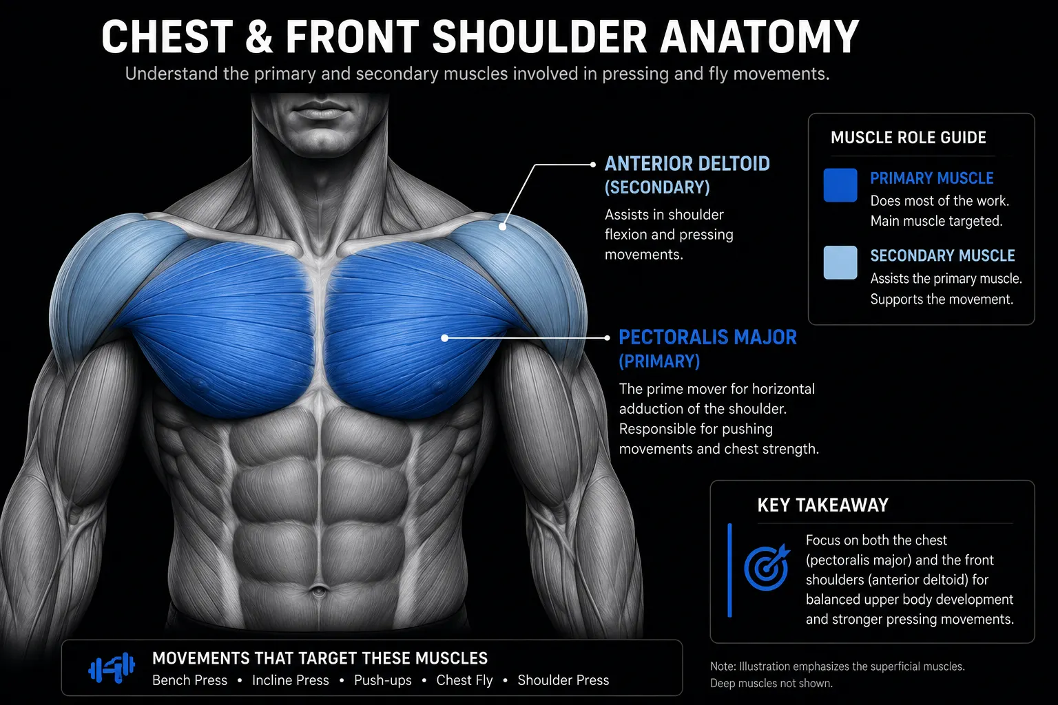 Chest anatomy diagram with pectoralis major highlighted as the primary muscle trained by both cable fly and pec deck.