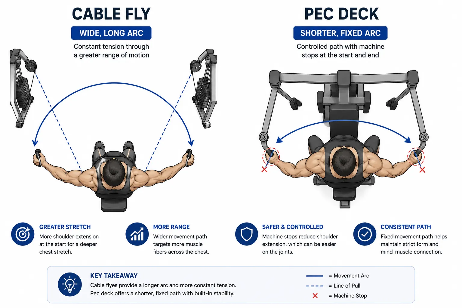 Top-view arc diagram comparing the wider cable fly range of motion to the shorter pec deck arc.