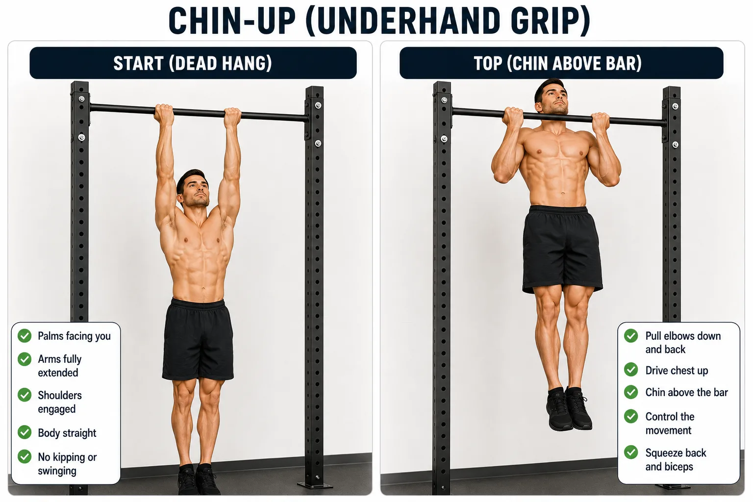 Proper chin-up form with underhand grip and controlled body position