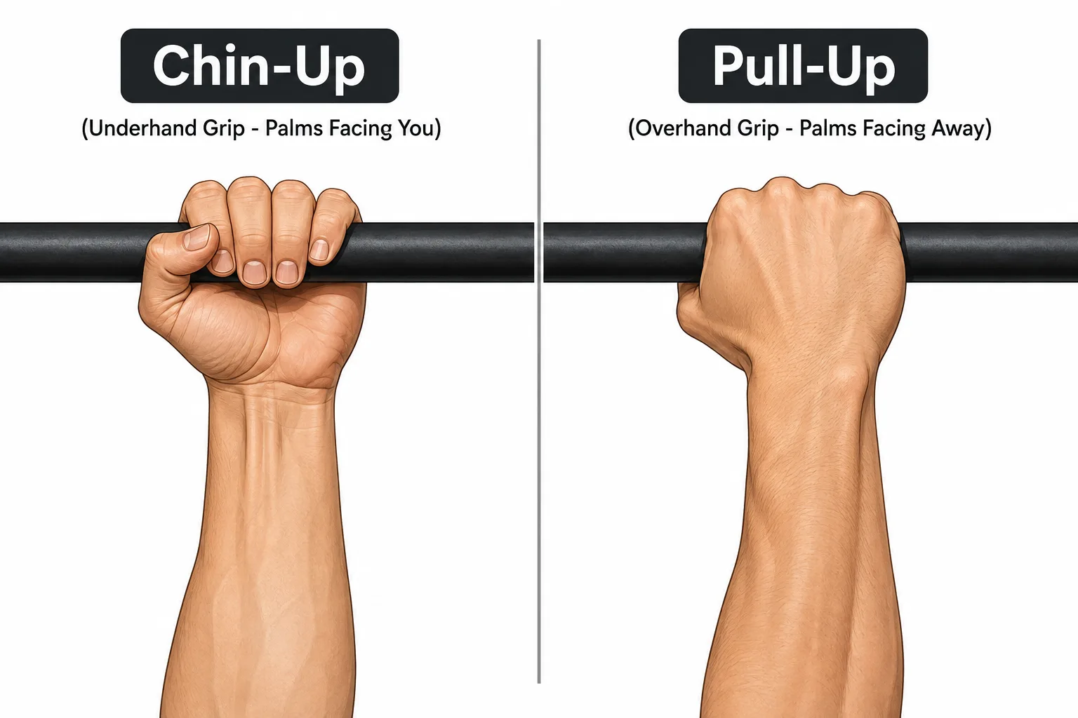 Chin-up vs pull-up grip comparison showing underhand vs overhand hand position on a pull-up bar