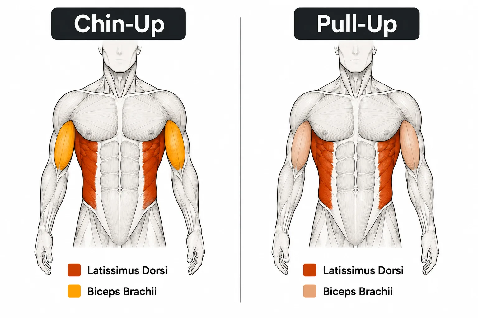 Chin-up vs pull-up muscles worked diagram comparing lat and biceps emphasis