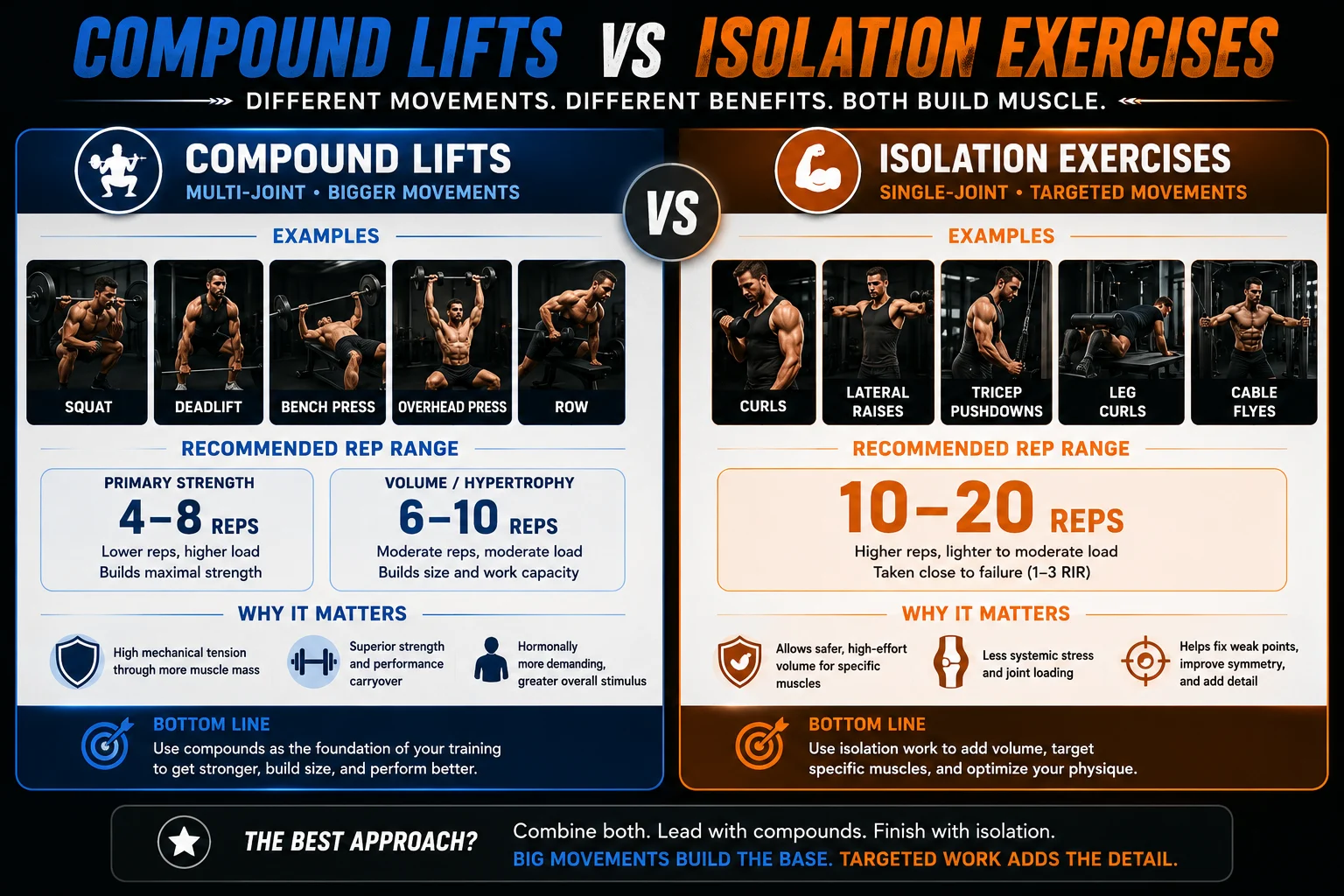Compound versus isolation rep range guide with recommended reps and examples for each exercise category.