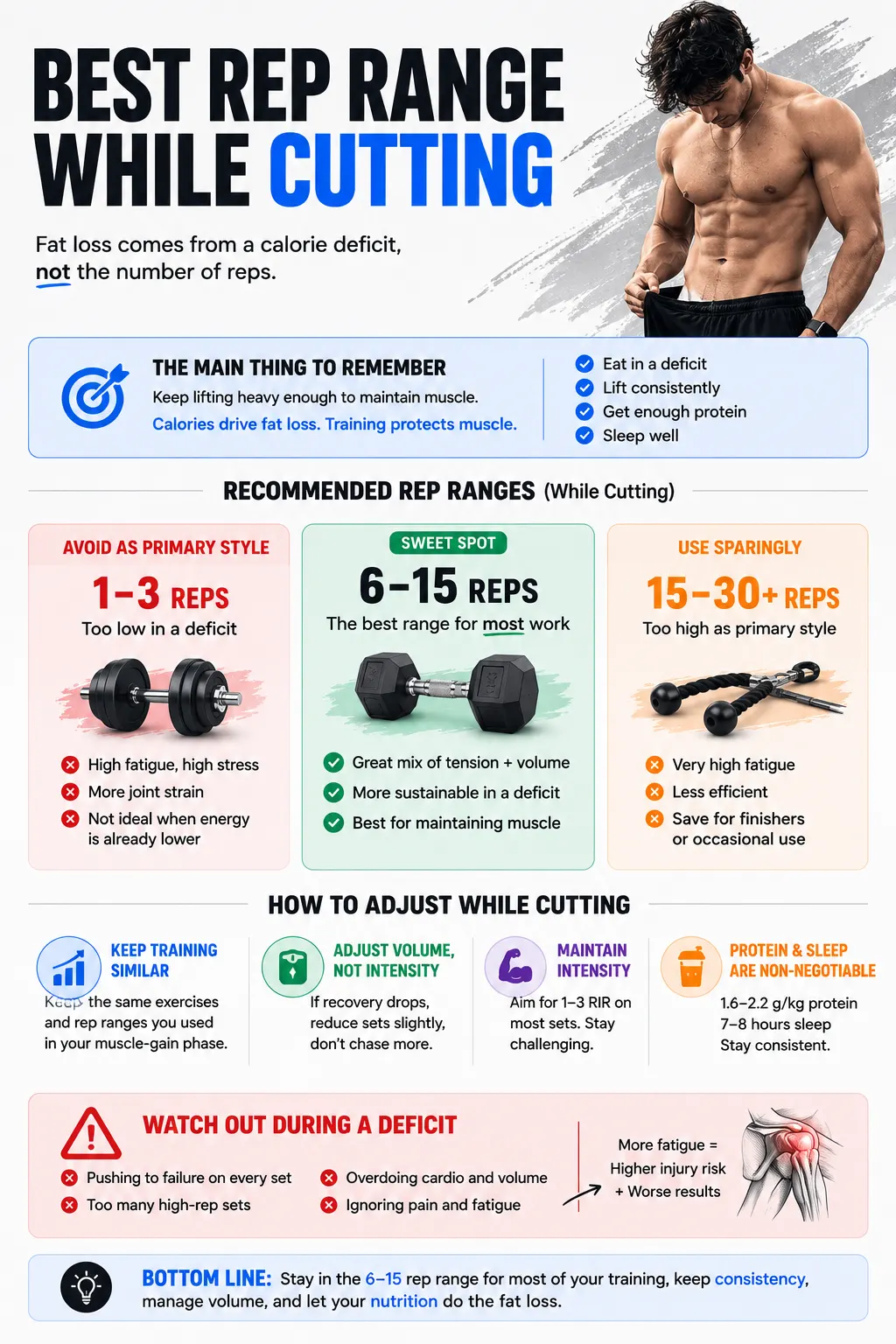 Cutting phase rep range guidance showing how to preserve muscle while in a calorie deficit with moderate rep ranges and controlled fatigue.