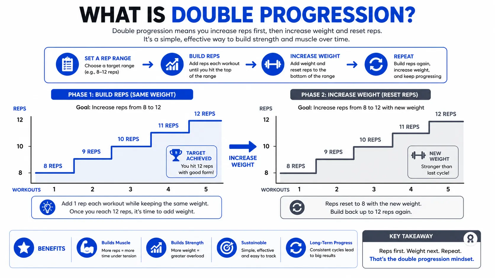 Double progression visual showing reps increasing to the top of a range before load increases and reps reset.