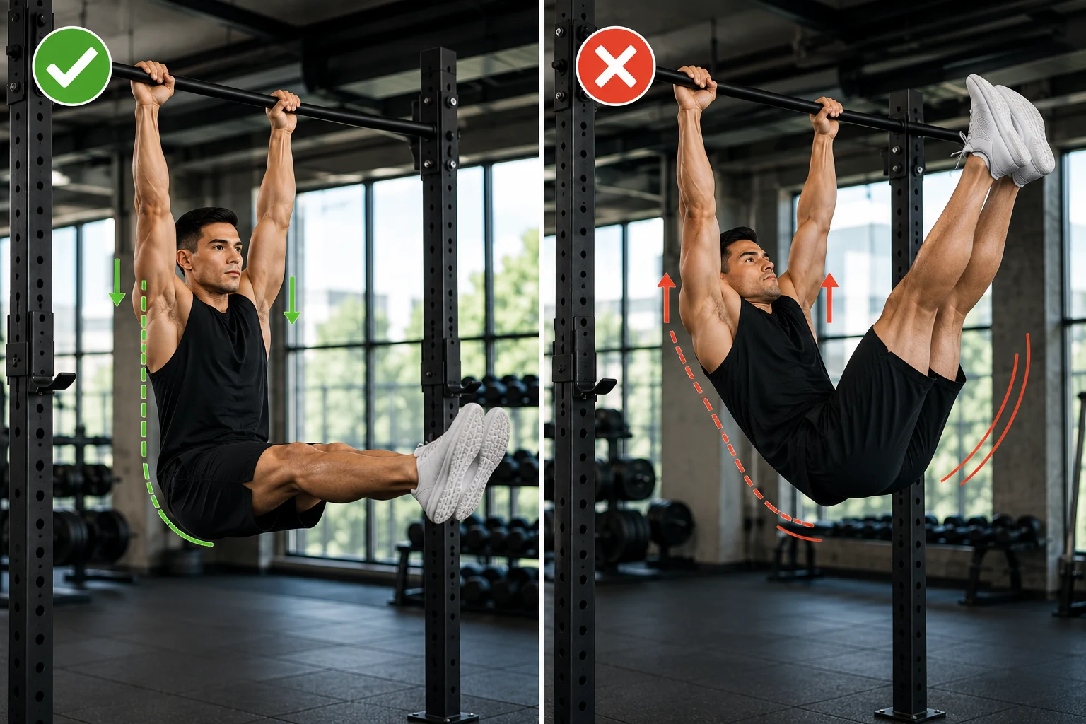 Correct versus incorrect hanging leg raise form showing how to avoid shoulder swing