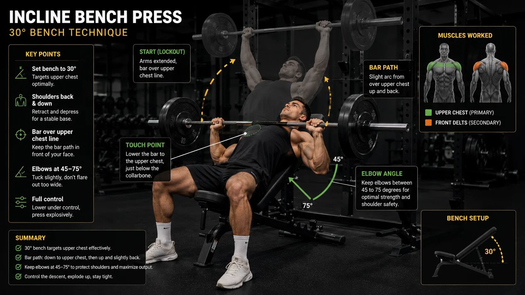 Incline bench press bar path diagram showing the pressing arc from upper chest to lockout with elbows at a 45 to 75 degree angle.