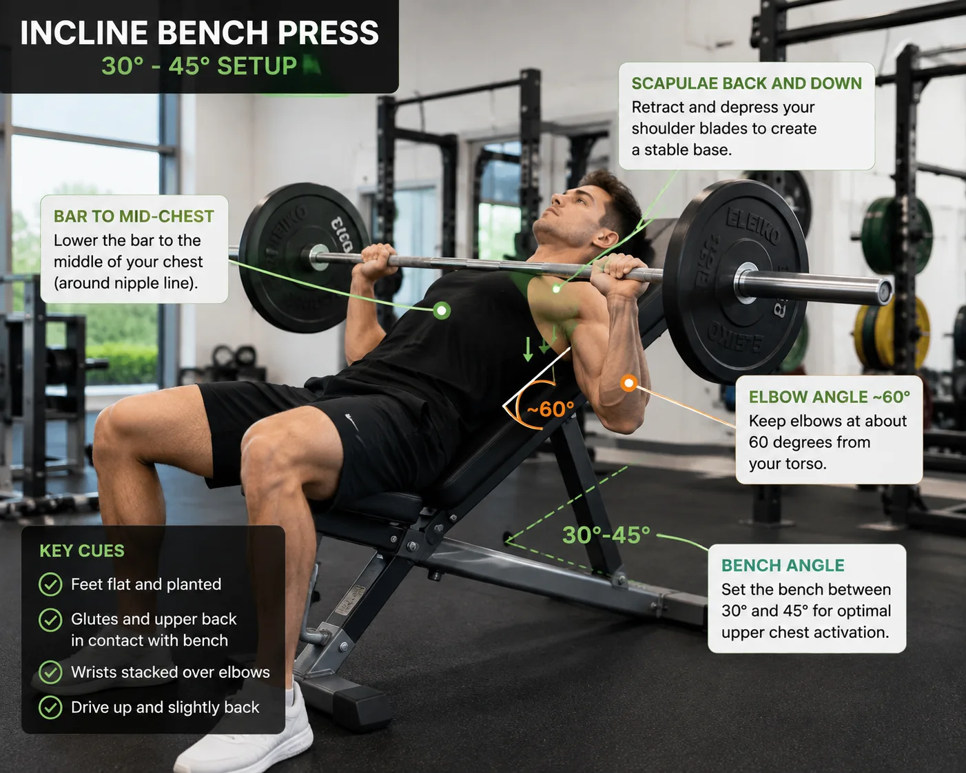 Correct incline bench press setup showing scapular retraction and proper shoulder positioning