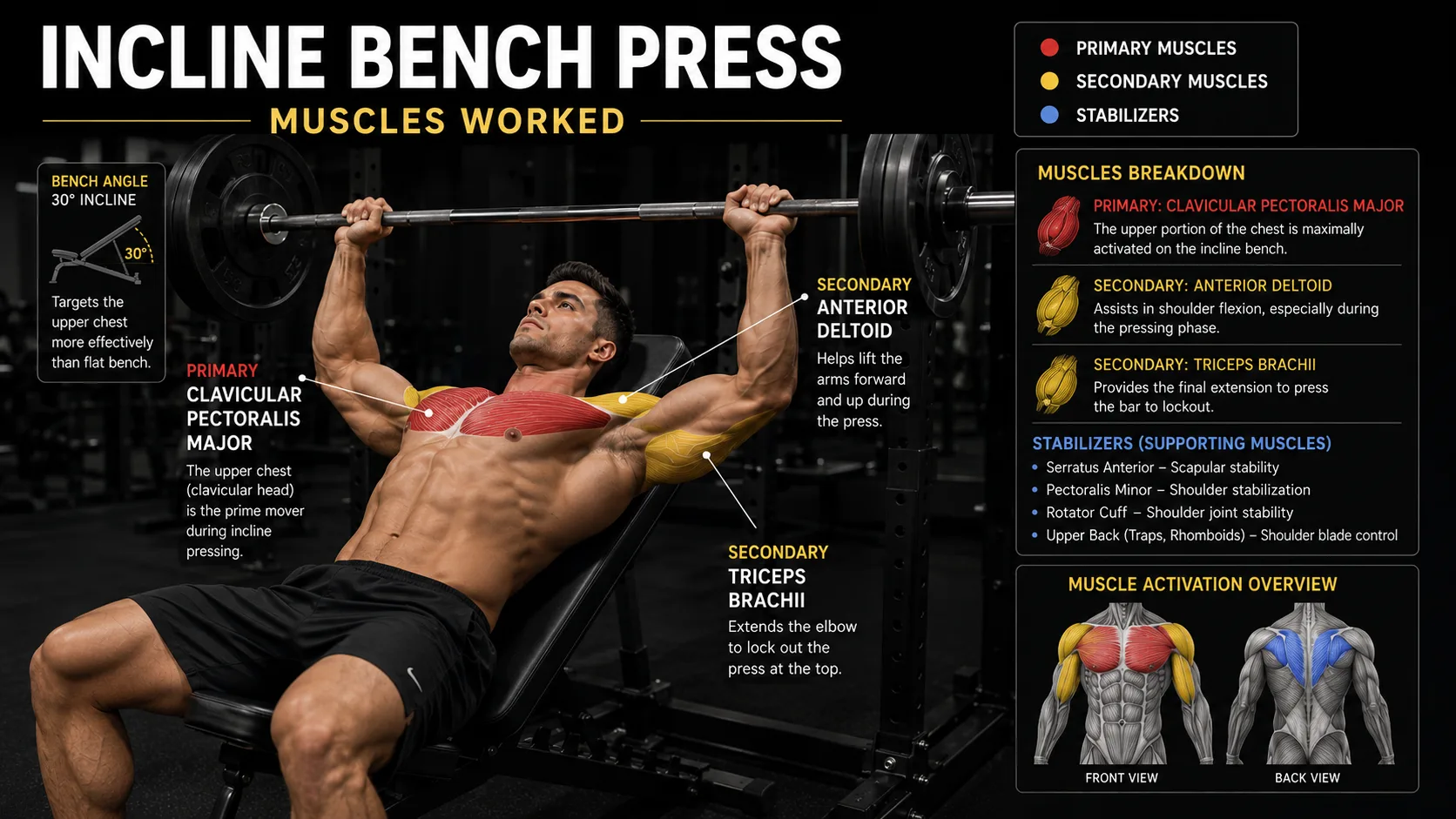 Incline bench press muscles worked diagram highlighting upper chest clavicular pectoralis major, front delts, and triceps by role.