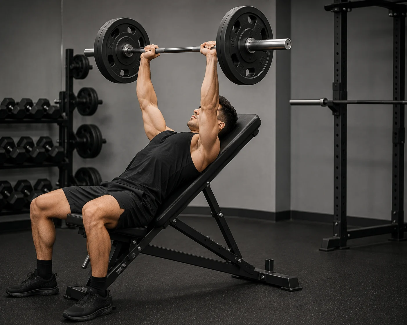 Proper incline bench press form showing correct bar path and elbow angle