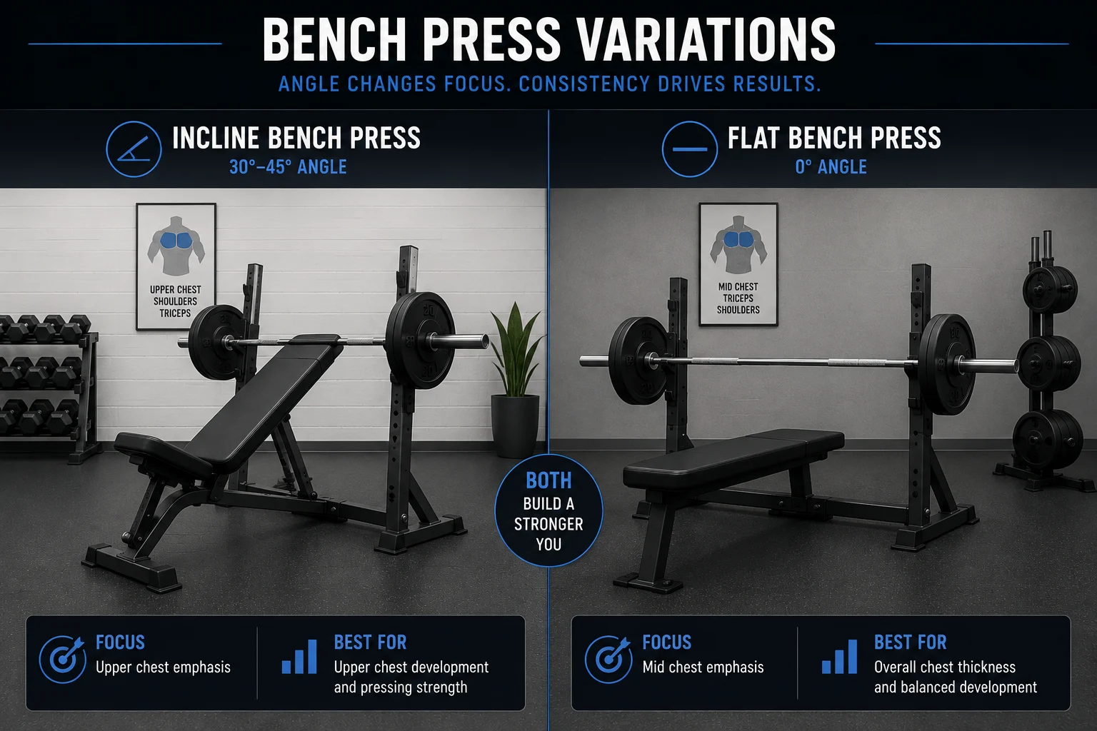 Incline bench press vs flat bench press side-by-side angle comparison