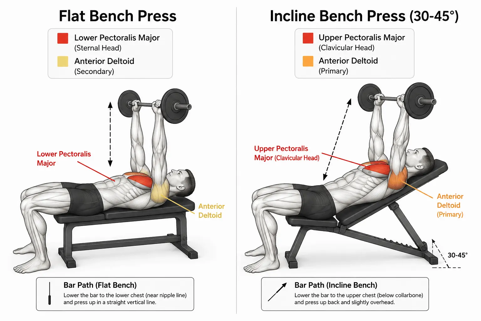 Flat bench vs incline bench muscle activation comparison showing lower pec and anterior deltoid differences