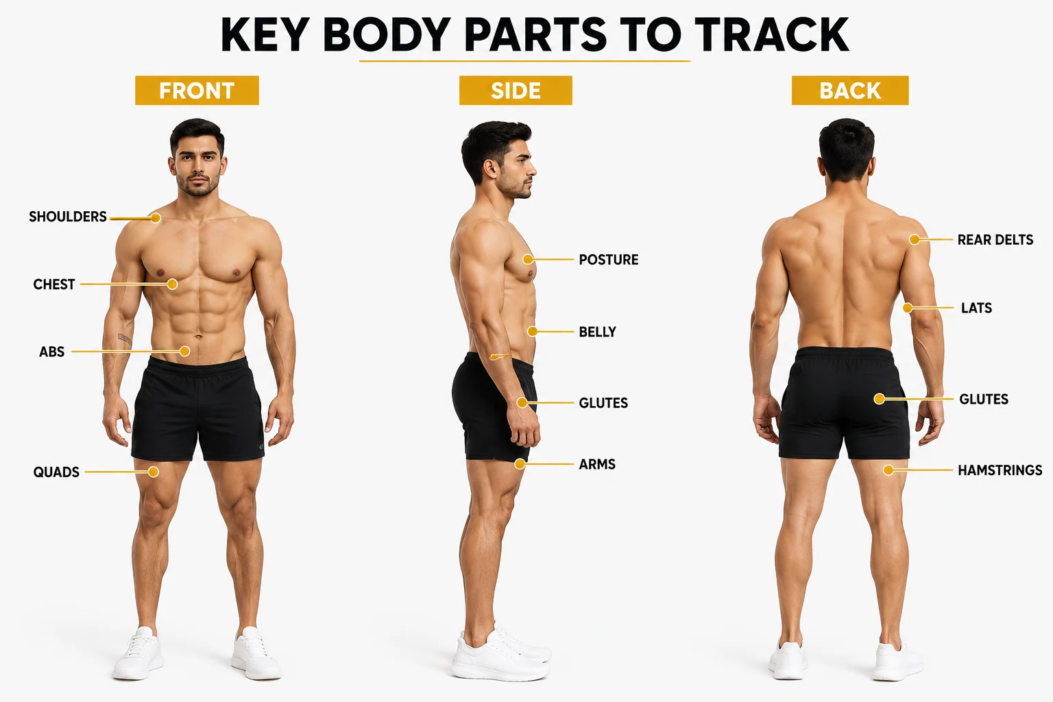 Front, side, and back pose positions for gym progress pictures with labeled body part callouts