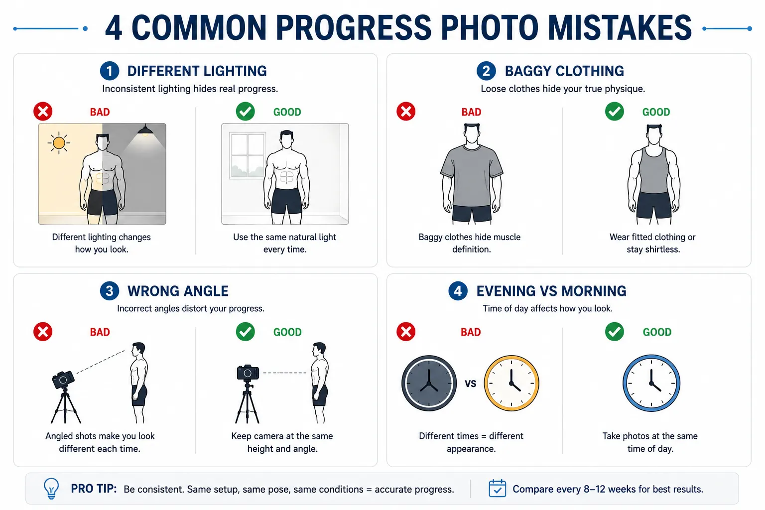 Seven common gym progress photo mistakes illustrated side by side including wrong lighting, baggy clothing, and inconsistent angles