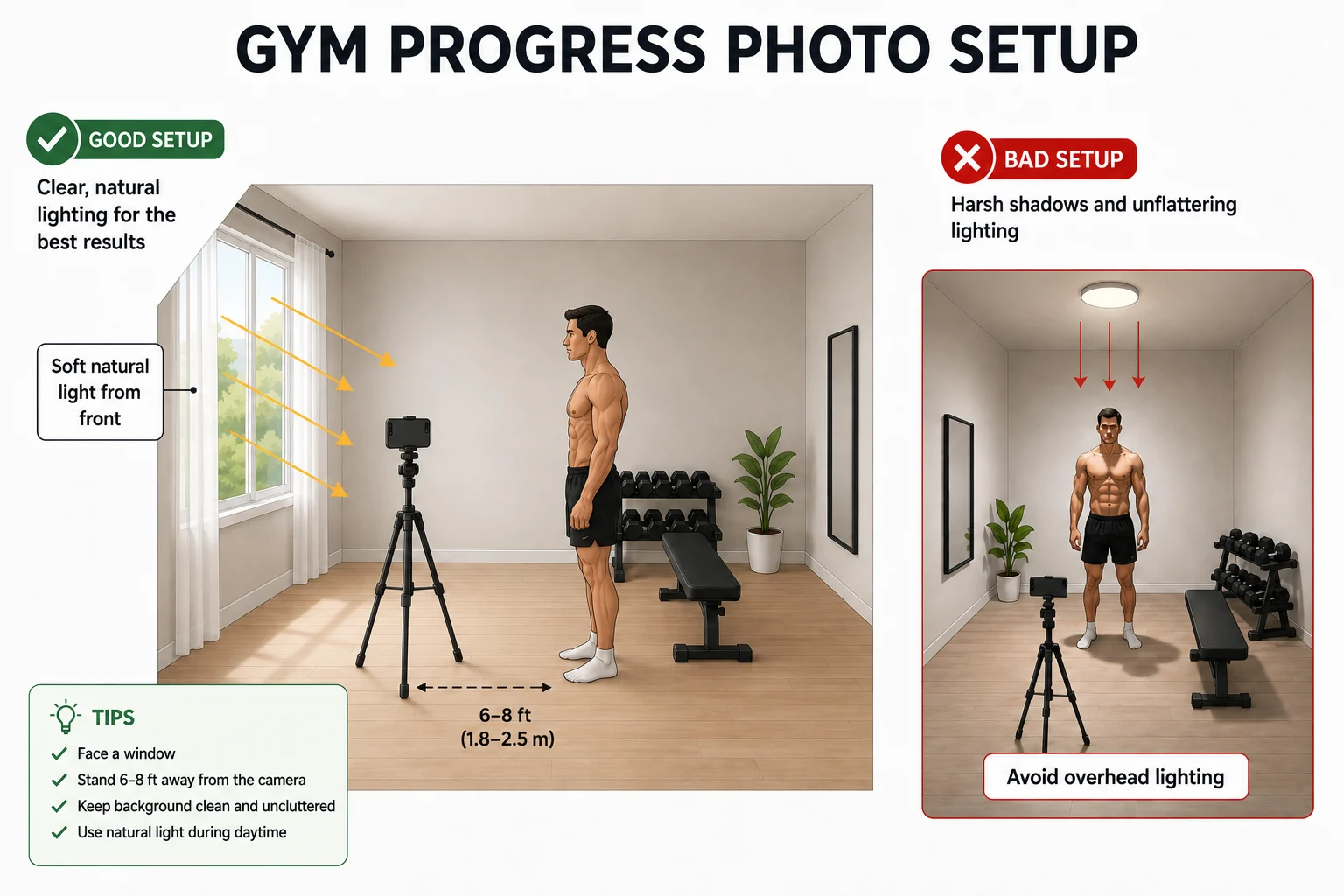 Lighting setup diagram for gym progress photos showing phone on tripod facing a window with soft natural daylight from the front