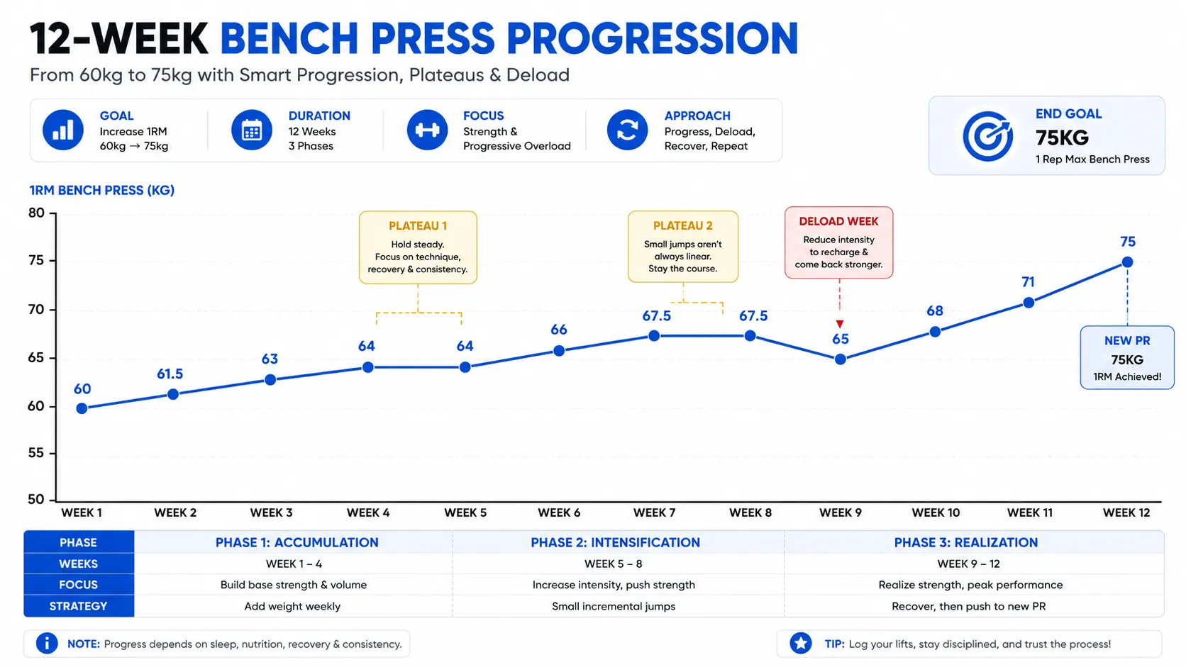 Strength progression chart showing weekly load increases with short plateaus and continued upward trend.