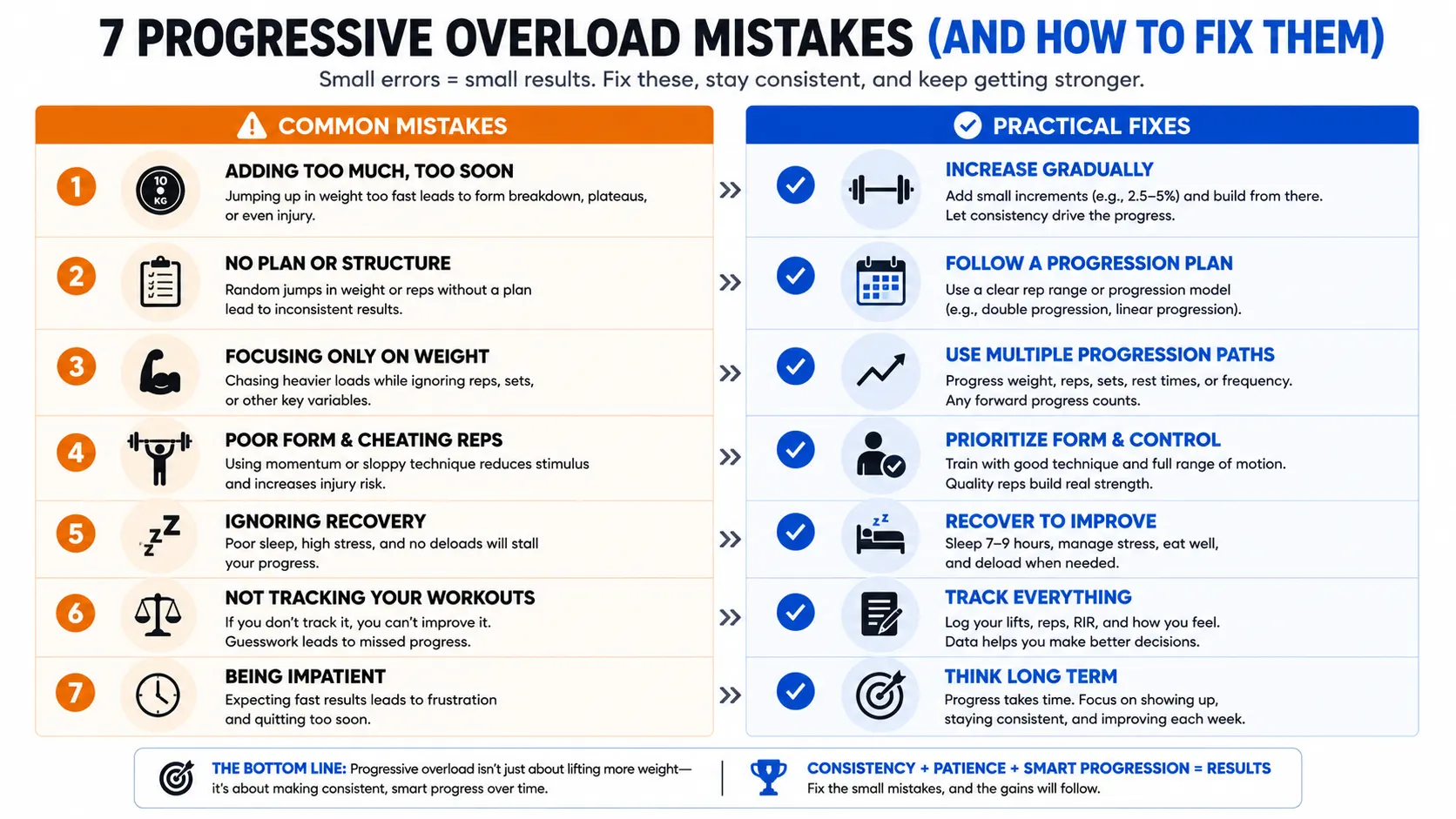 Side-by-side chart of common progressive overload mistakes and the practical fix for each.