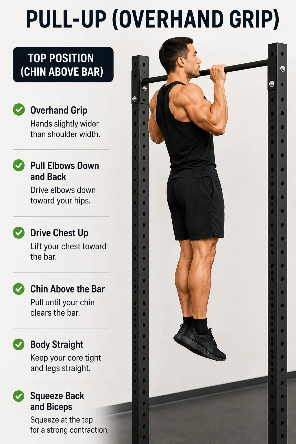 Proper pull-up form with overhand grip and full range of motion