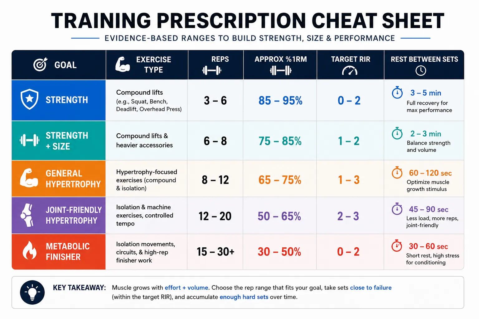 Rep prescription table for strength and hypertrophy with rep ranges, approximate one-rep max percentages, target RIR, and recommended rest intervals.