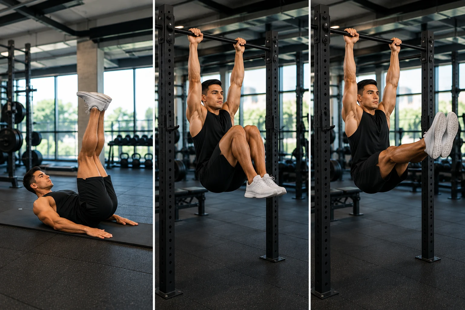 Progression from reverse crunch on floor to bent-knee hanging raise to full hanging leg raise