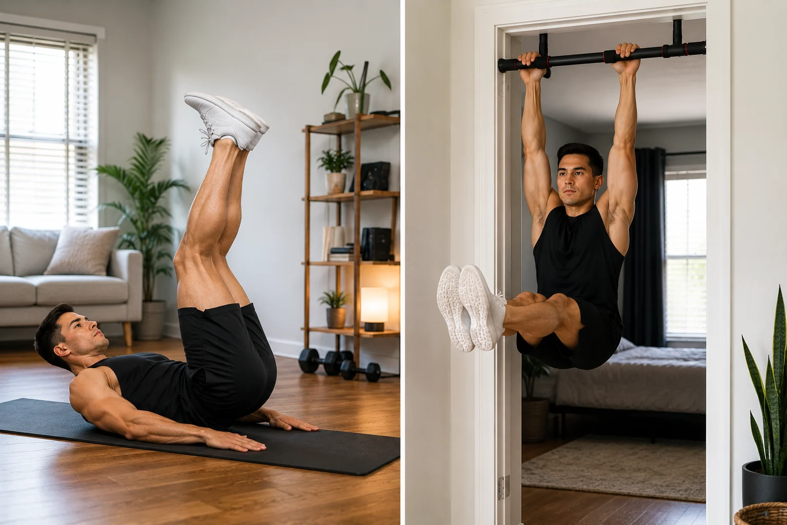 Home setup for reverse crunch on yoga mat and hanging leg raise on doorway pull-up bar