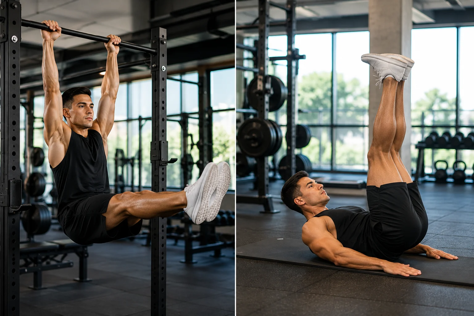 Hanging leg raise and reverse crunch shown side by side for exercise comparison