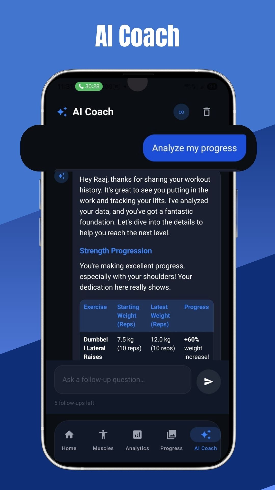 AI coach analyzing gym log workout tracker data for strength progression