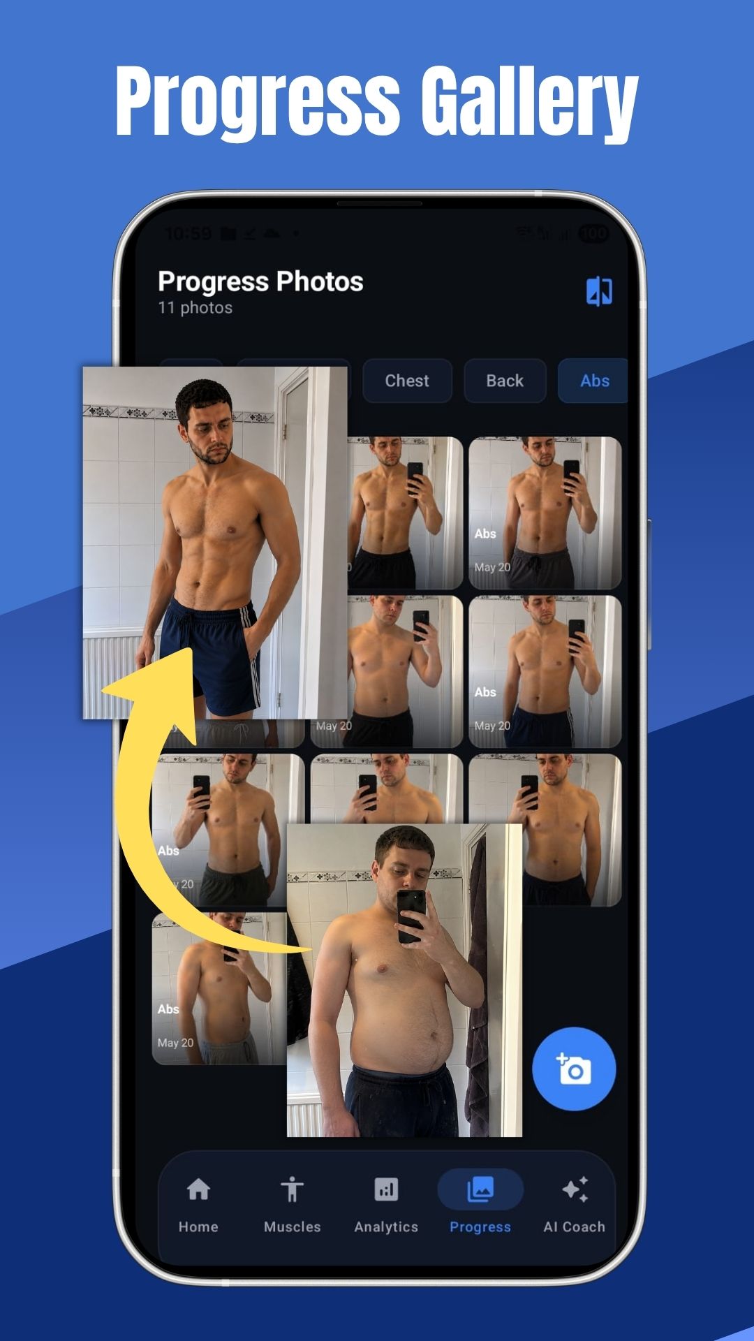 Gym workout tracker progress photo gallery for tracking body transformation
