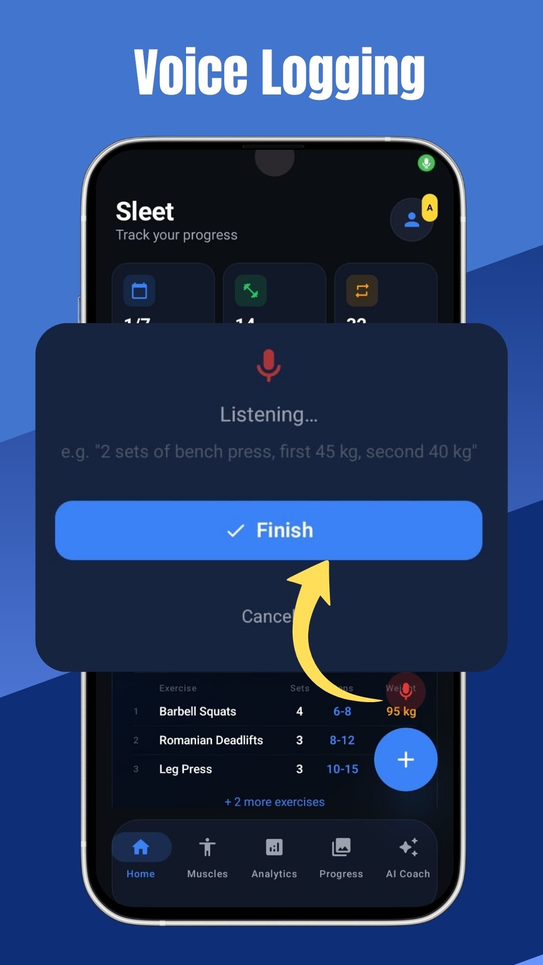 Voice logging feature in gym weight tracker app for hands-free workout logging