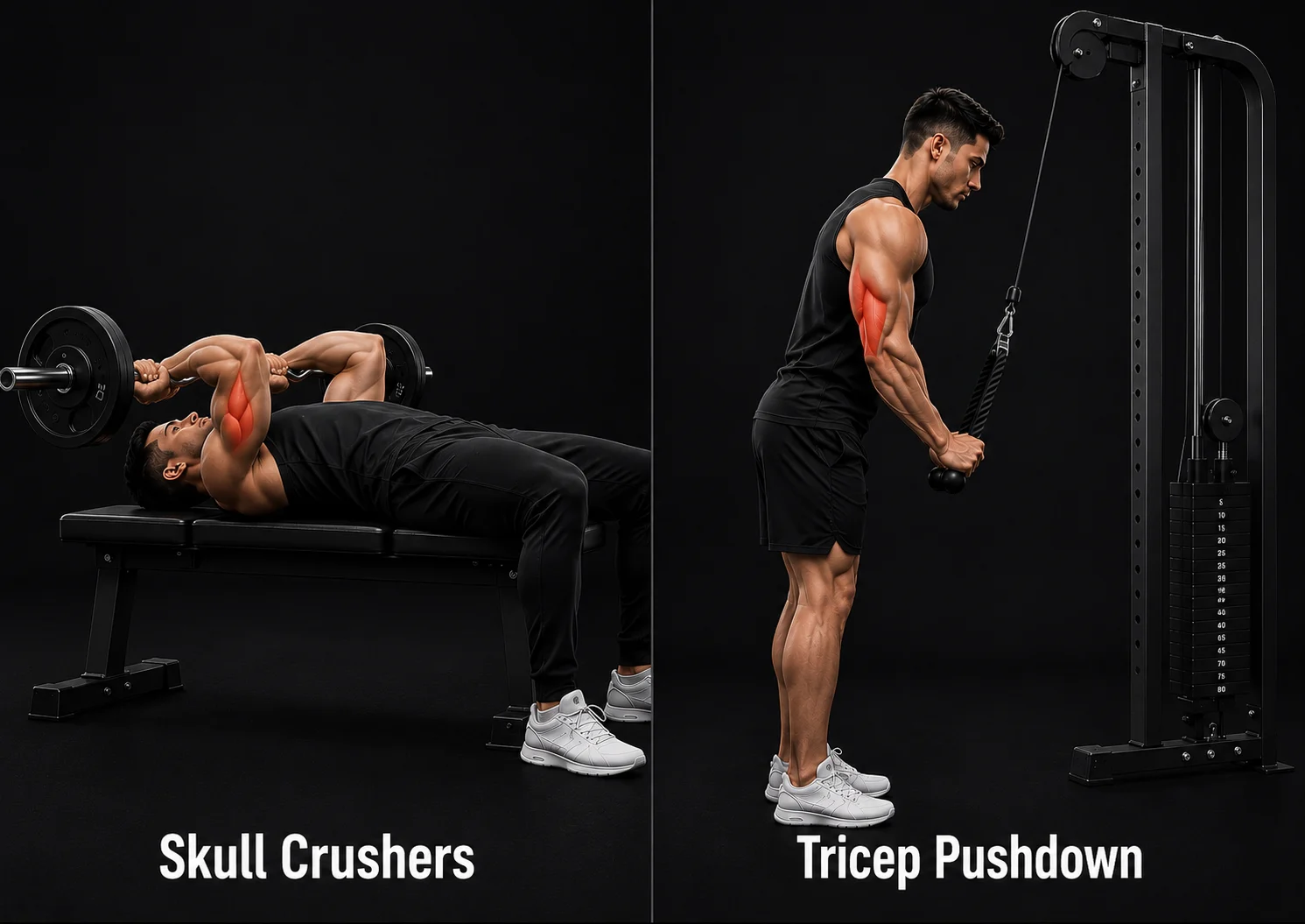 Skull crushers vs tricep pushdown side-by-side exercise comparison