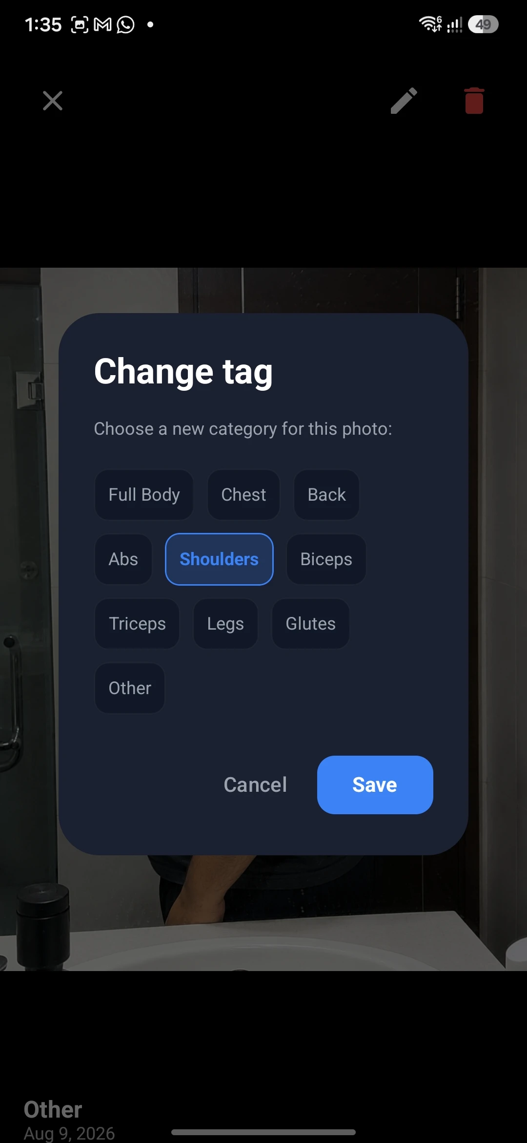 Sleet gym photo tracker showing body-part tagging when adding a progress photo