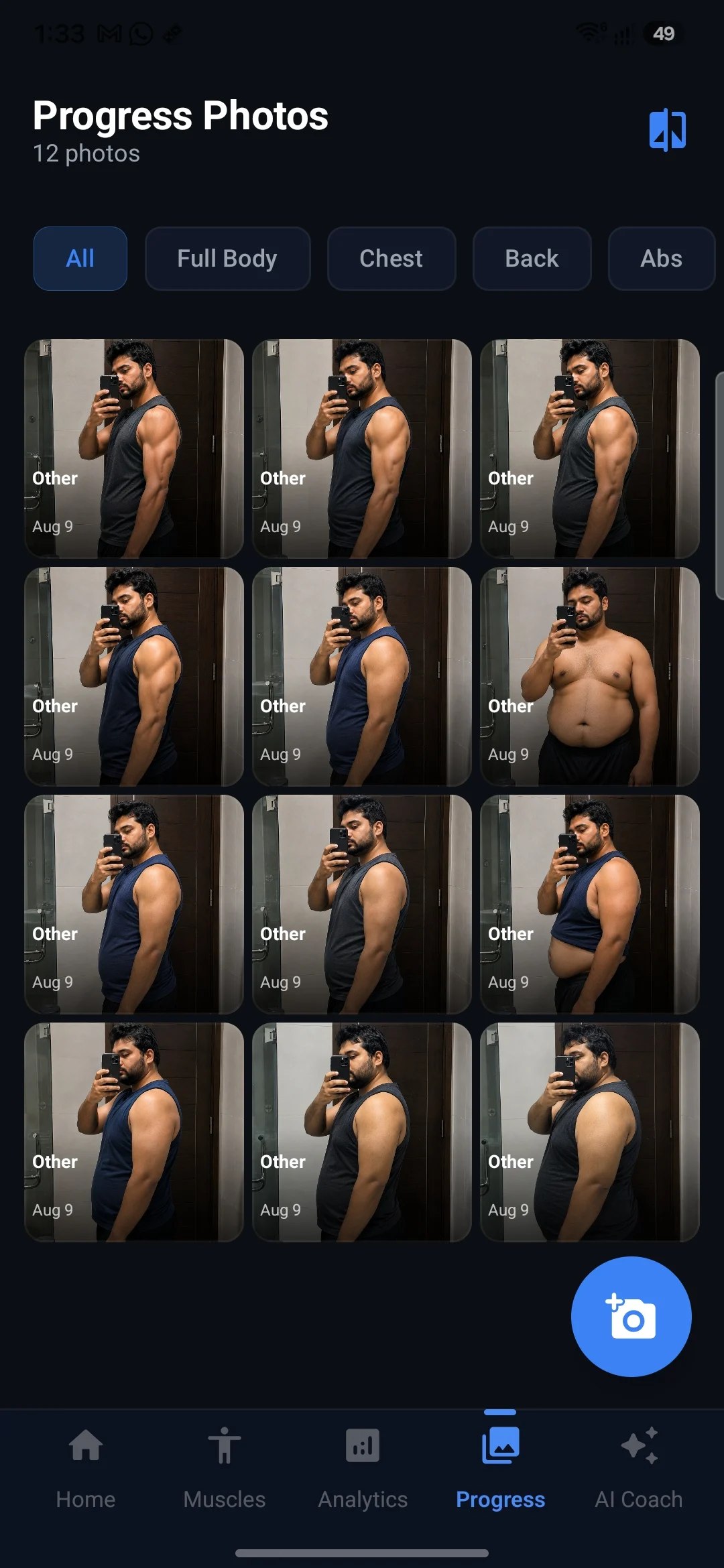 Sleet gym image tracking app showing progress photo gallery organized by body part