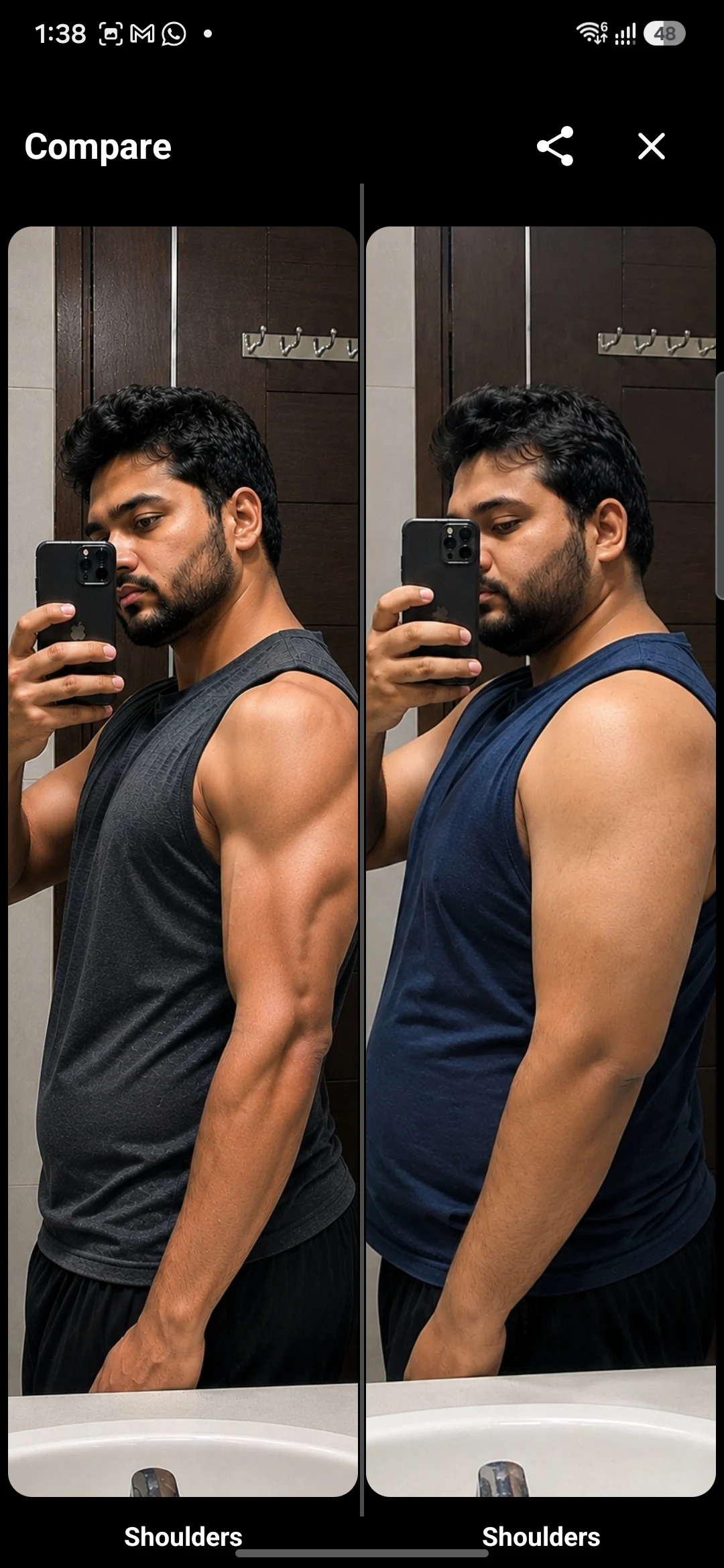 Sleet Progress Gallery side-by-side comparison mode showing body transformation