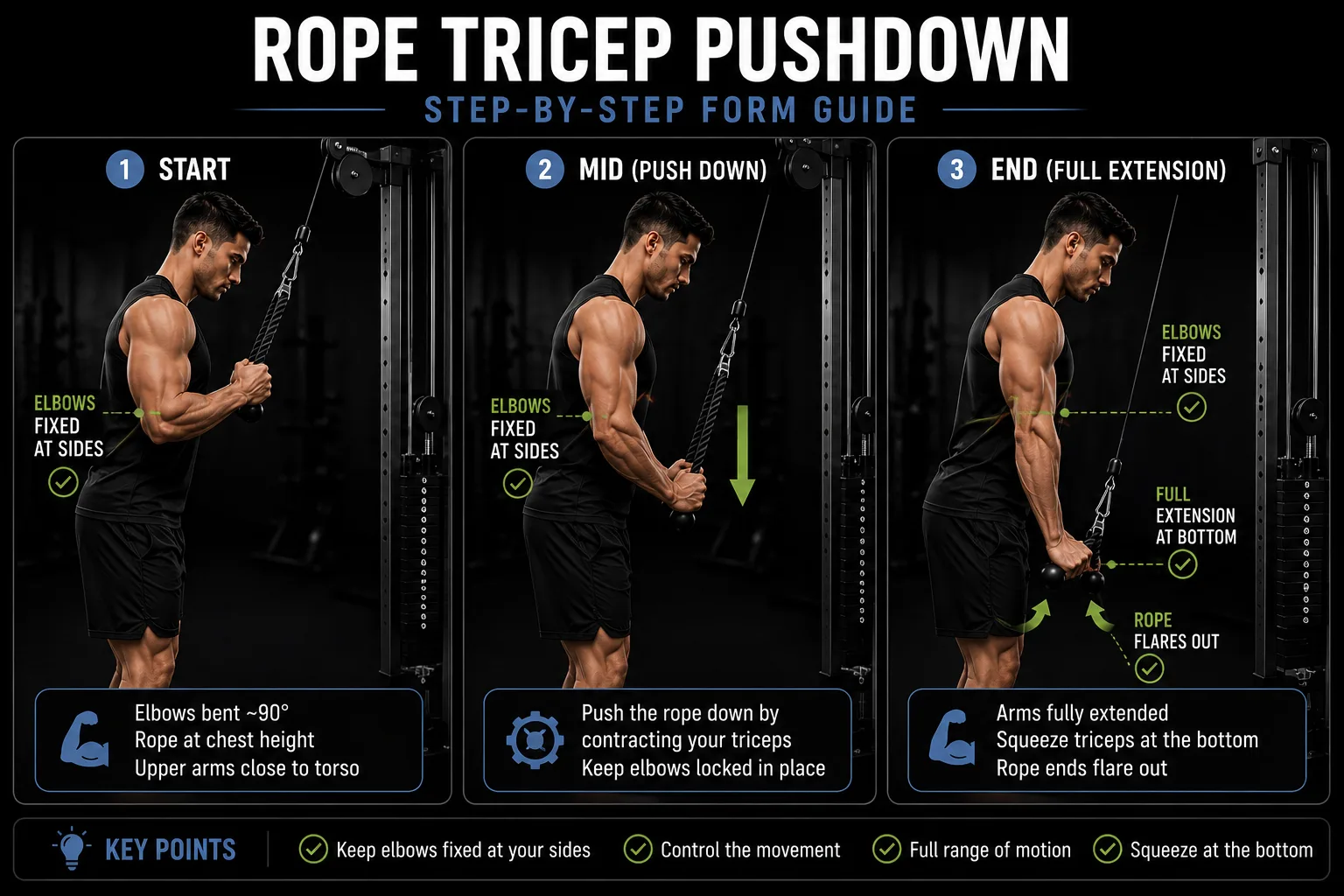 Tricep pushdown proper form with rope attachment showing elbow position and full range of motion