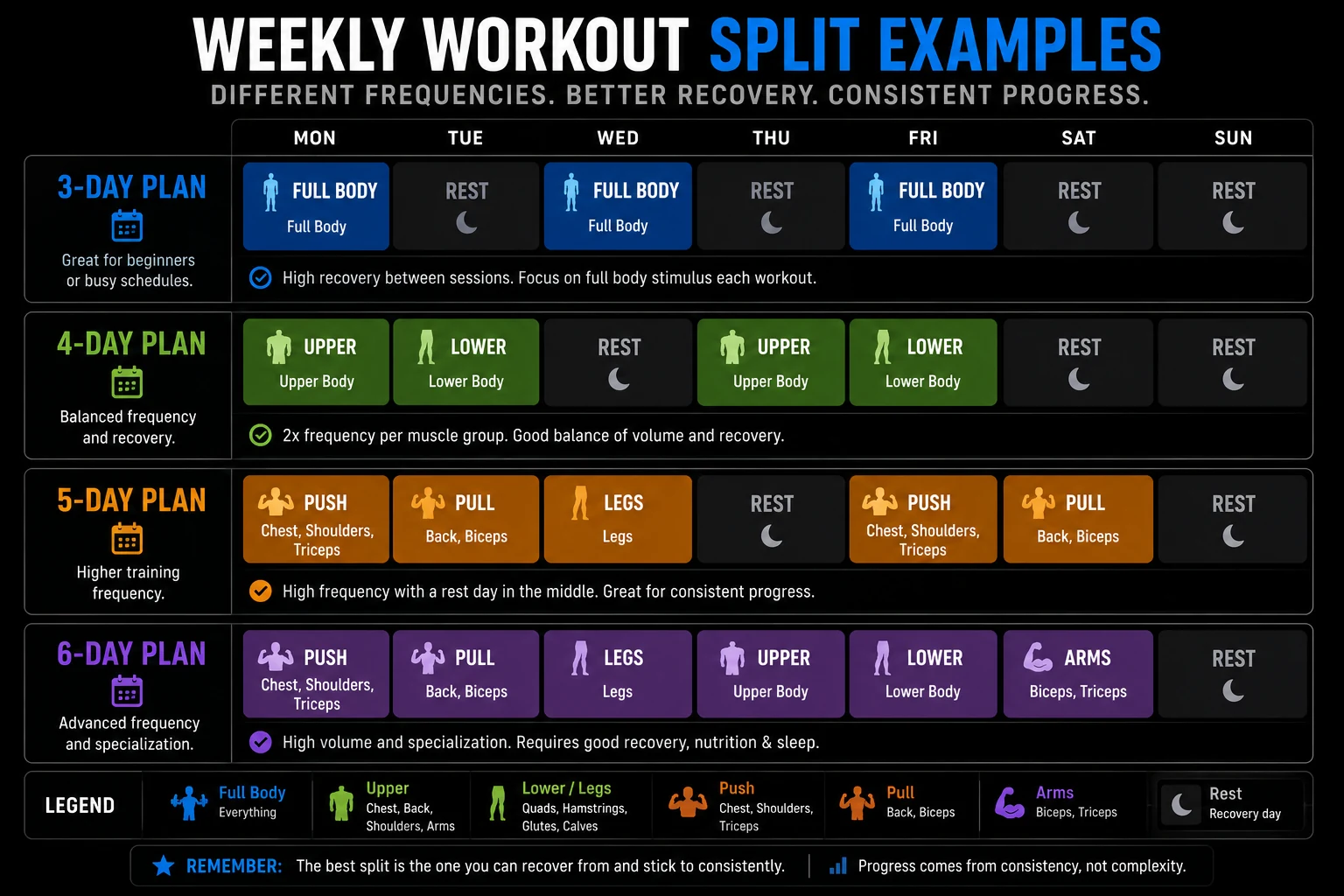 Example weekly layouts for 3-day, 4-day, 5-day, and 6-day workout splits with training and rest day spacing.