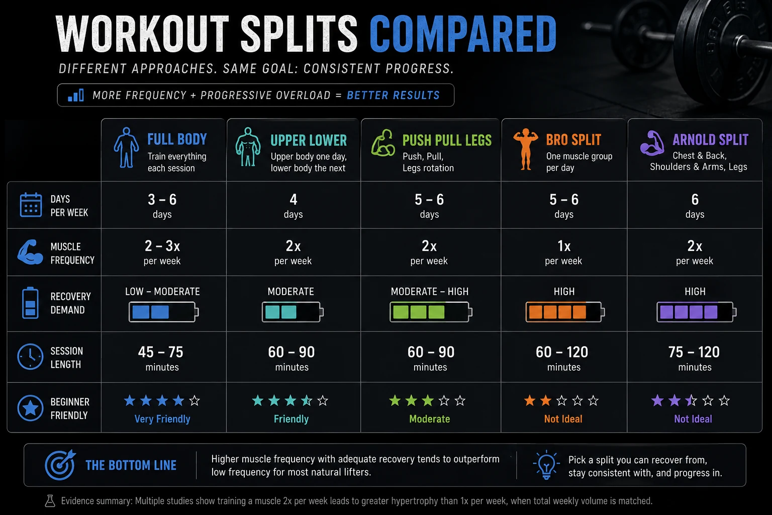 Workout training split comparison table by days per week, muscle frequency, recovery demand, and beginner friendliness.